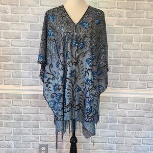 Boho Fringed Shawl Scarf Kimono Poncho Beach Cover Resort Wear OSFM Blue